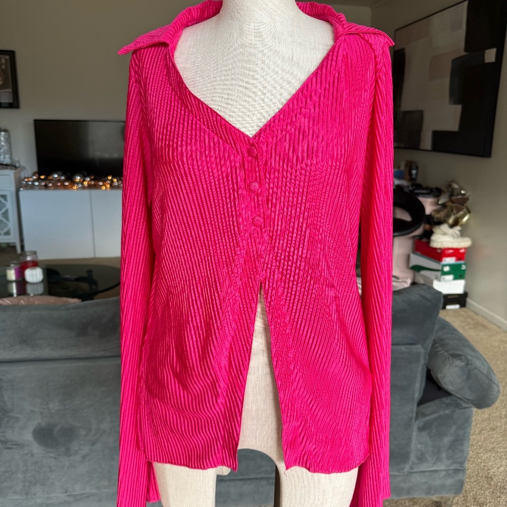 silky plisse hot pink bell sleeve top
